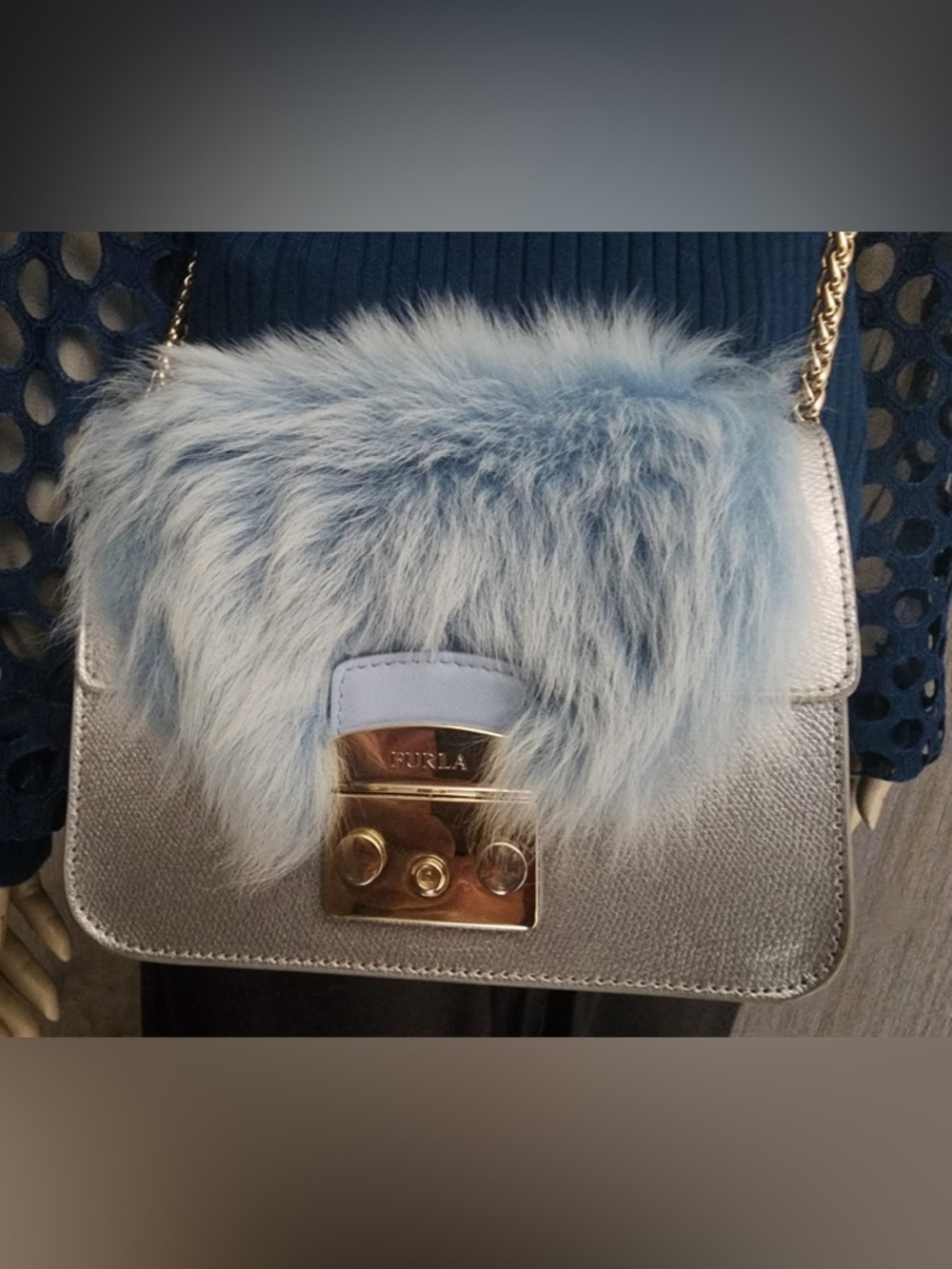 Furla Blue Faux Fur With Bonus colorful Butterfly Flap Crossbody - Picture 4 of 13